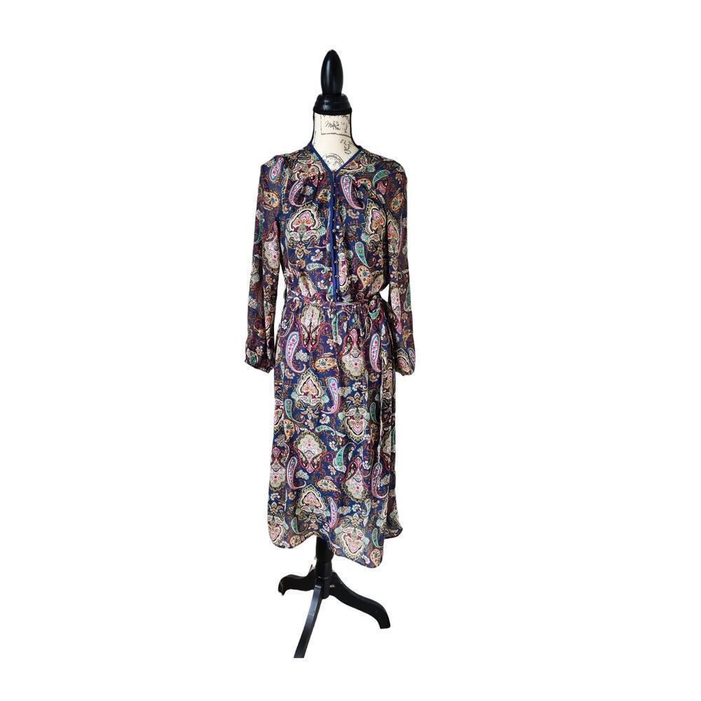 DR2 Multicolor Floral Paisley Midi Dress Long Sleeve Chiffon Belted‎ Size M